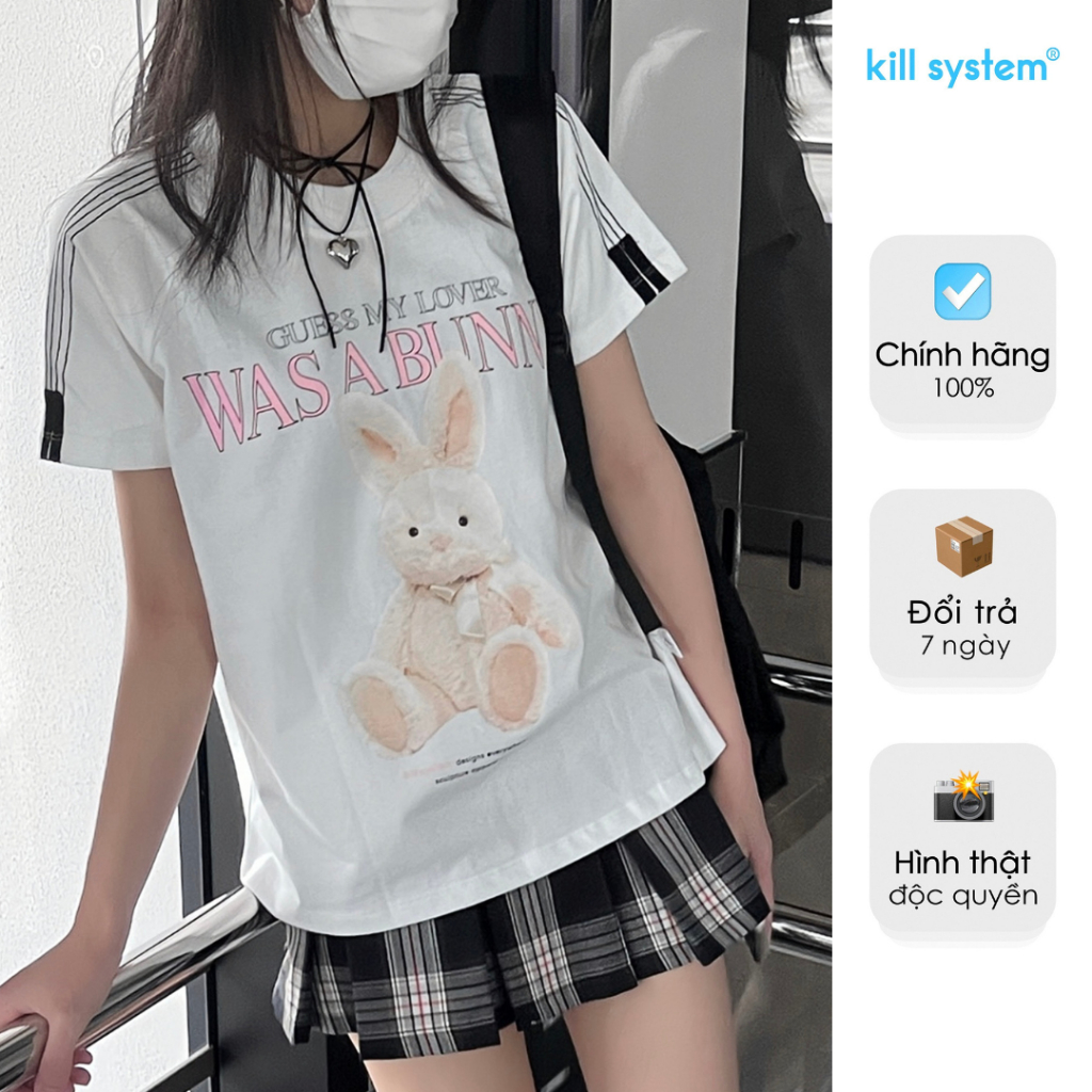 Áo thun form fit Kill System Bunny Club màu trắng chất vải cotton