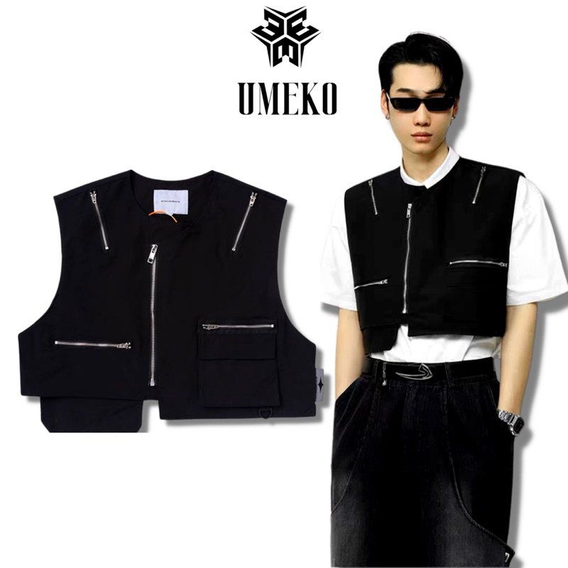 UMEKO Áo Khoác Gile KaKi, Áo Khoác Không Tay Unisex Phối Zip Dáng Rộng Form Crop Phong Cách Streetwear Hàn Quốc