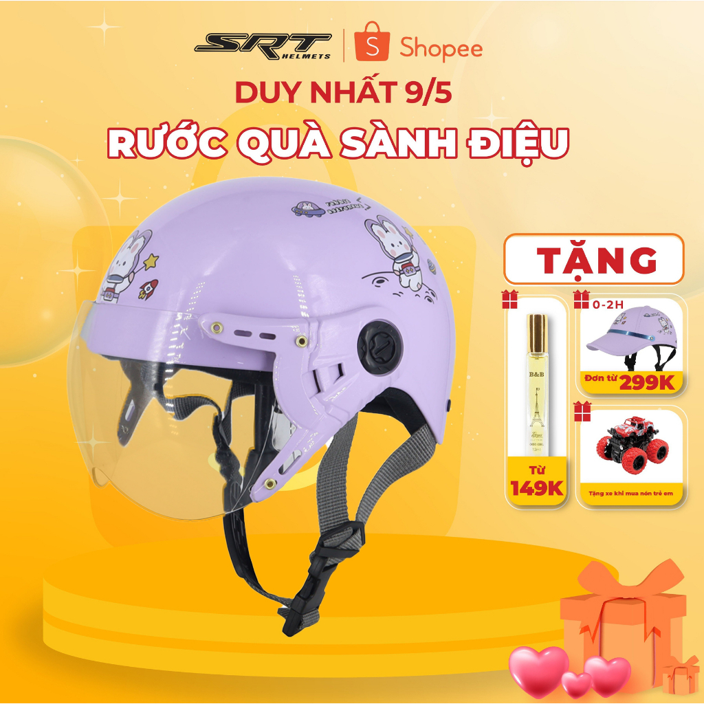 Mũ bảo hiểm 1/2 SRT Trẻ em có Kính Tem Kute - bé từ 5-10 tuổi