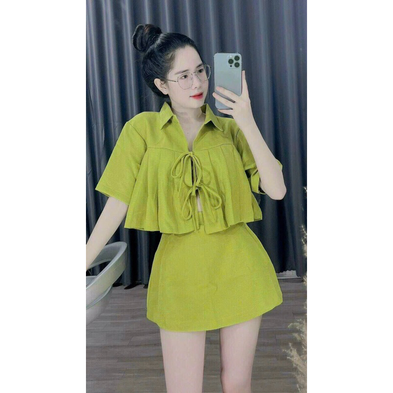 Set  váy phối nơ chất lenin cao cấp  Quảng Châu _ bảng màu đẹp _y hình_Sen boutique