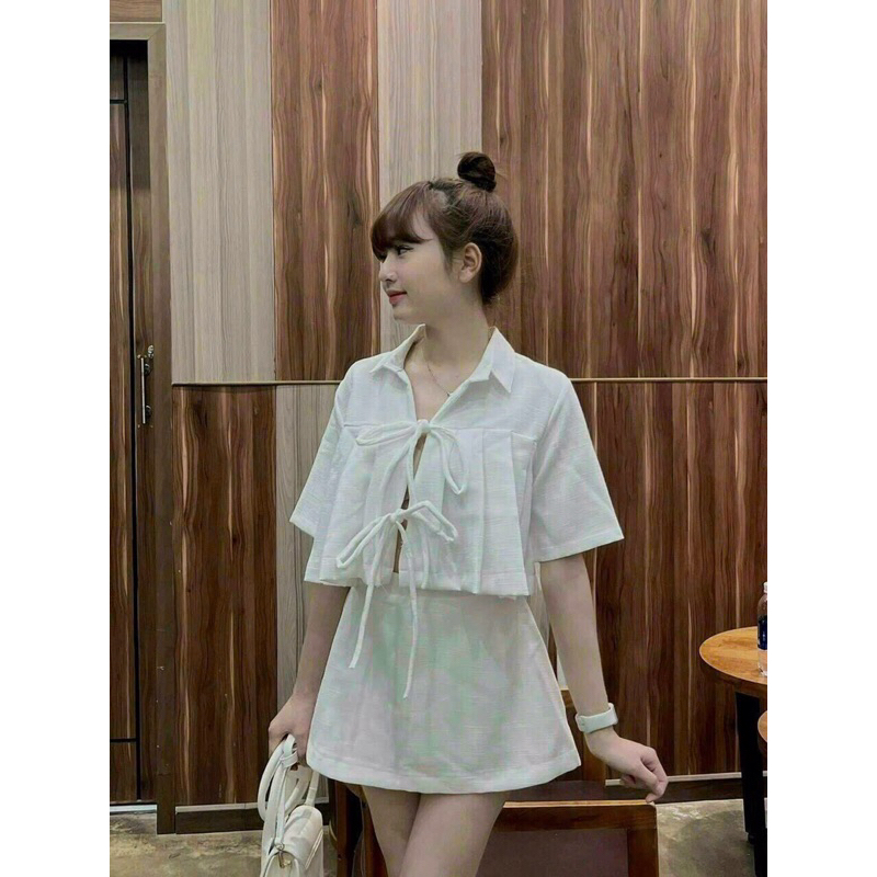 Set  váy phối nơ chất lenin cao cấp  Quảng Châu _ bảng màu đẹp _y hình_Sen boutique