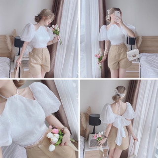 Sét bộ đồ nữ áo voan tay phồng, cổ yếm cực xinh kèm quần cotton lạnh tôn dáng sang chảnh cá tính T270 - Yado