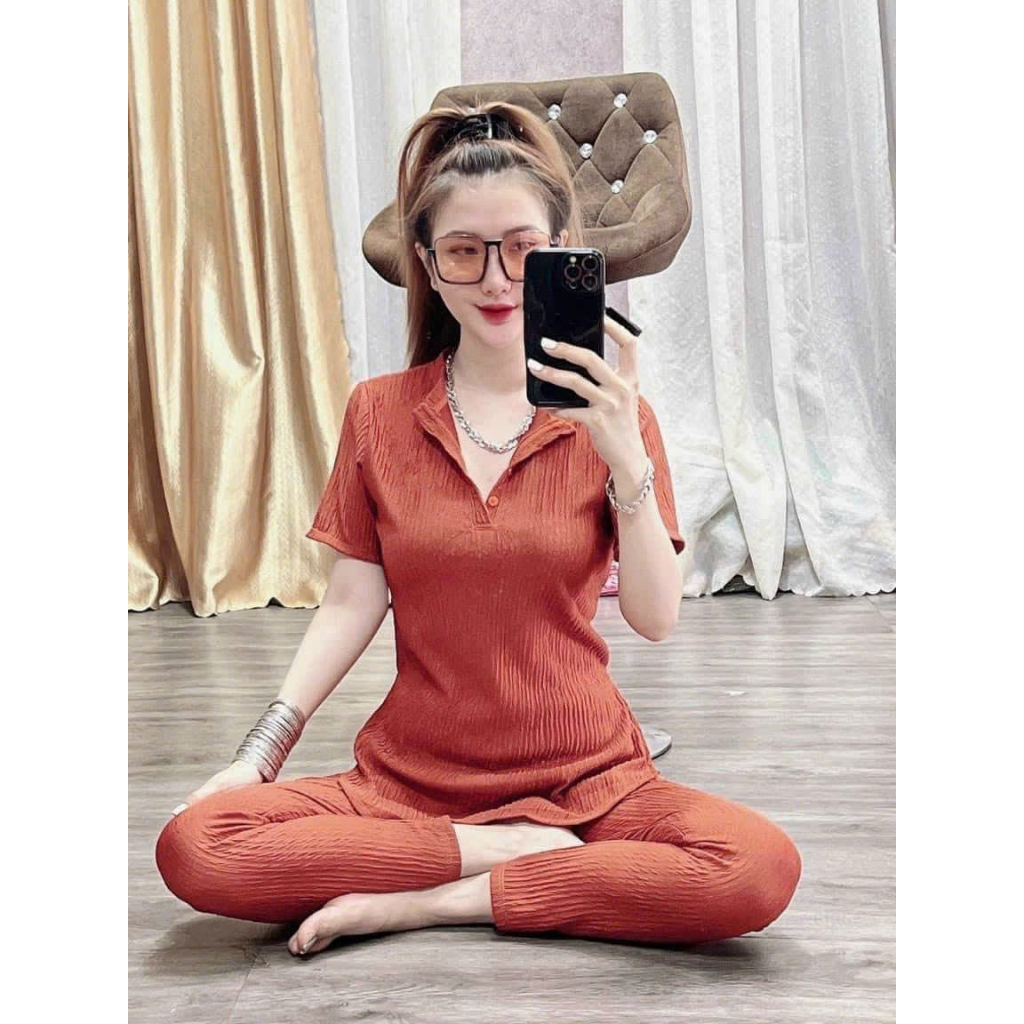 [5.5 Sales Freeship] Set bộ thun xốp thái quần dài mặc nhà, set áo cổ bẻ tay ngắn mix quần ôm dài trẻ trung dx