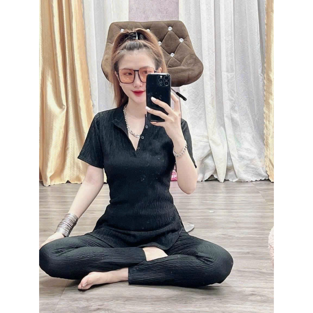 [5.5 Sales Freeship] Set bộ thun xốp thái quần dài mặc nhà, set áo cổ bẻ tay ngắn mix quần ôm dài trẻ trung dx