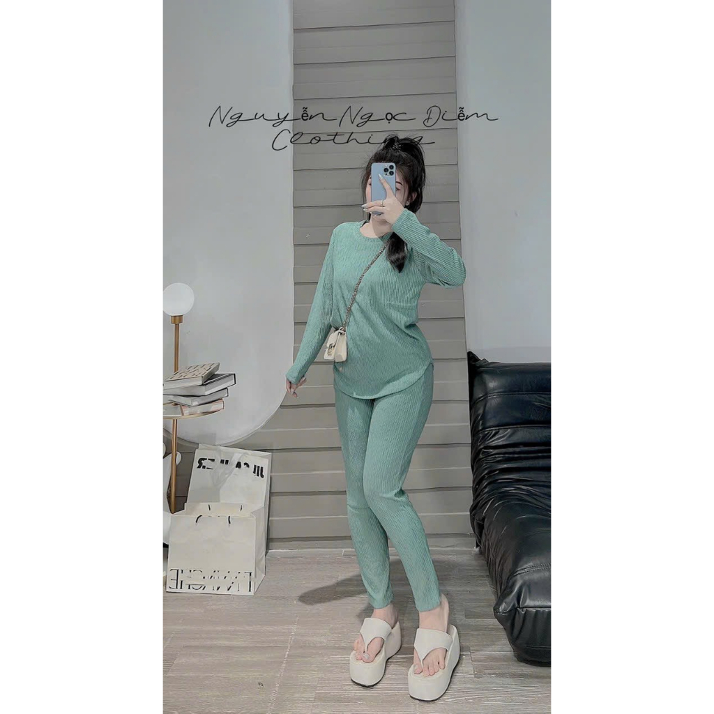 [5.5 Sales Freeship] Set bộ trơn màu chất xốp thái, set áo cổ tròn tay dài phối quần dài ống ôm đơn giản trẻ trung