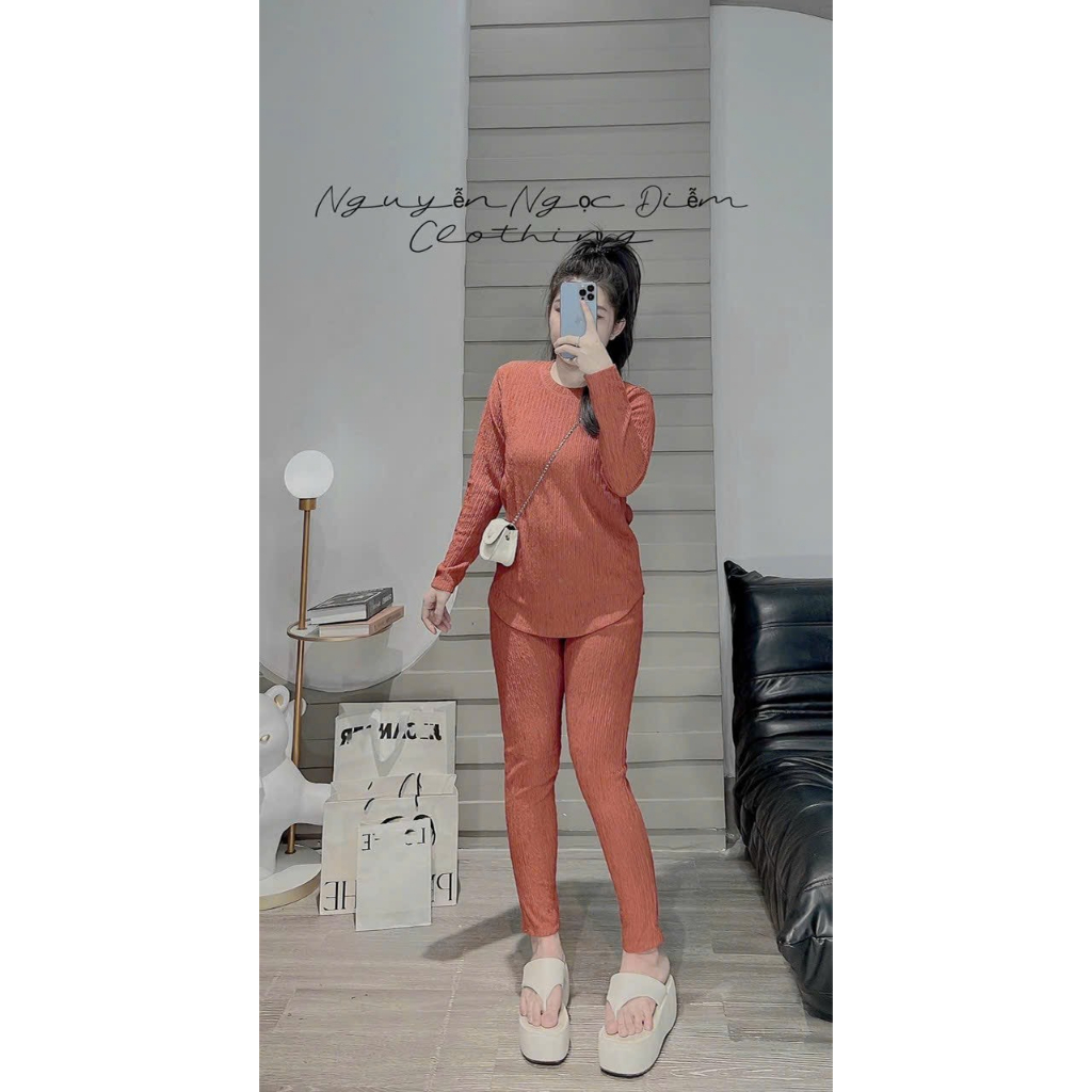 [5.5 Sales Freeship] Set bộ trơn màu chất xốp thái, set áo cổ tròn tay dài phối quần dài ống ôm đơn giản trẻ trung