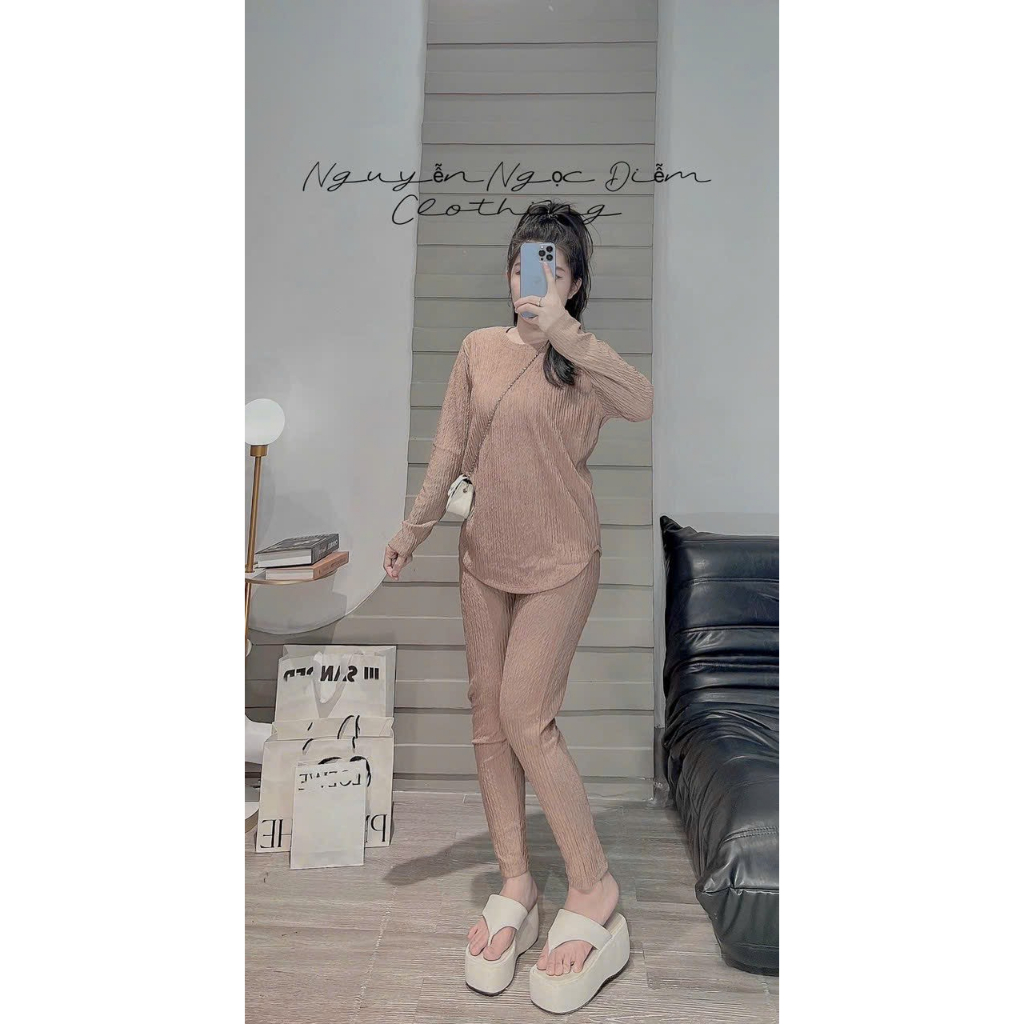 [5.5 Sales Freeship] Set bộ trơn màu chất xốp thái, set áo cổ tròn tay dài phối quần dài ống ôm đơn giản trẻ trung