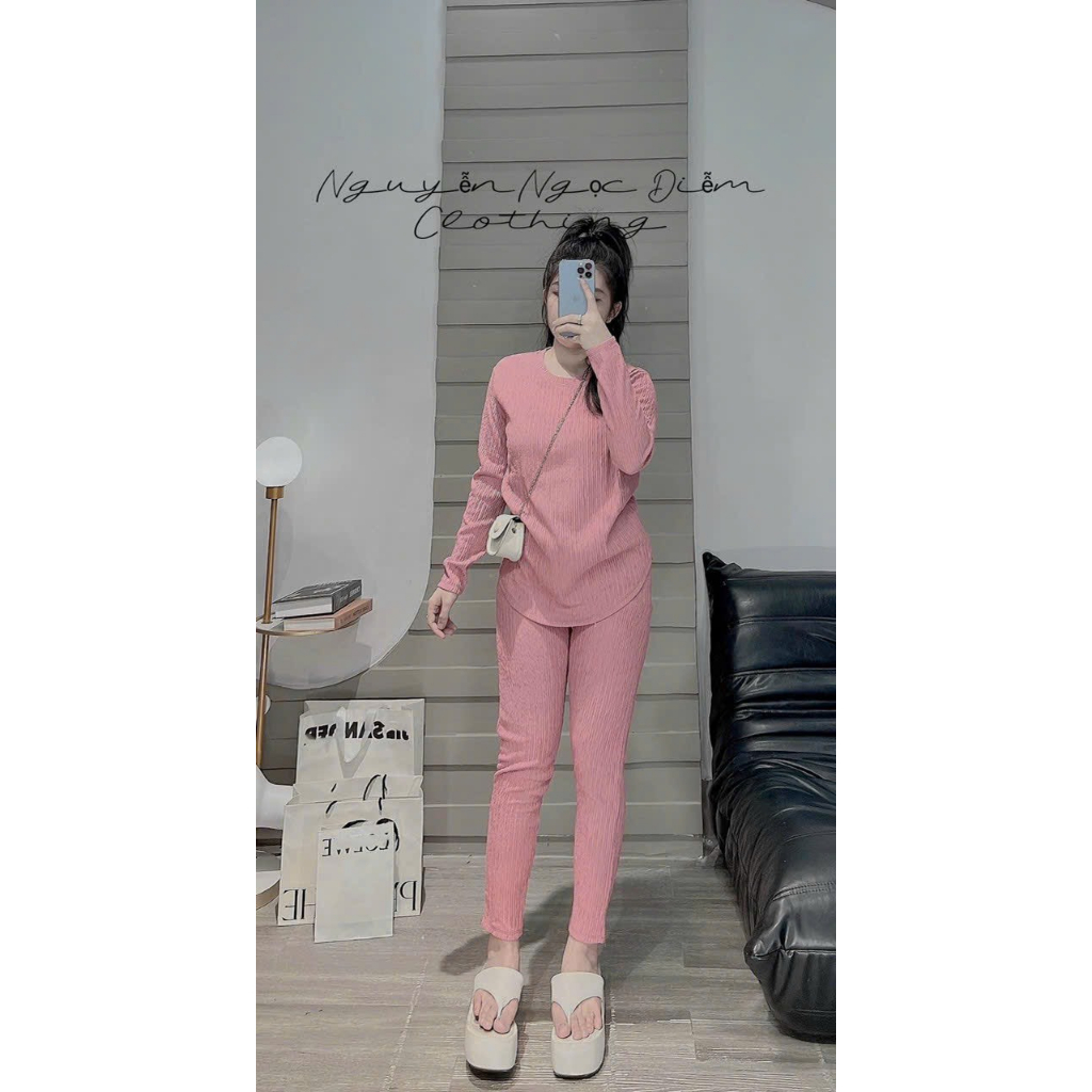[5.5 Sales Freeship] Set bộ trơn màu chất xốp thái, set áo cổ tròn tay dài phối quần dài ống ôm đơn giản trẻ trung