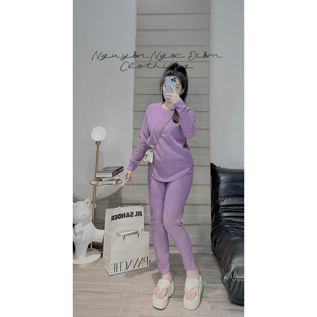 [5.5 Sales Freeship] Set bộ trơn màu chất xốp thái, set áo cổ tròn tay dài phối quần dài ống ôm đơn giản trẻ trung