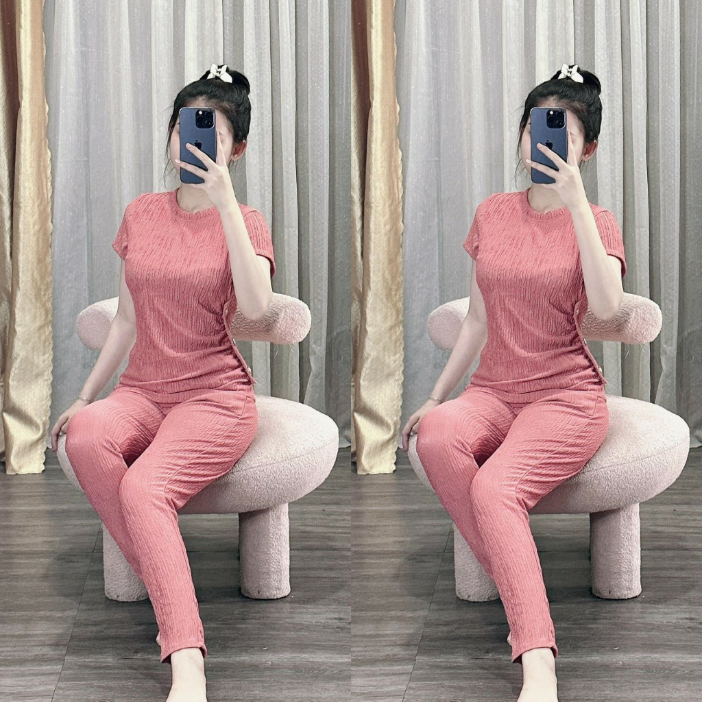 Bộ đồ thun xốp nữ, bộ áo thun trơn màu cổ tròn tay ngắn rút eo mix quần ôm dài cá tính mtb