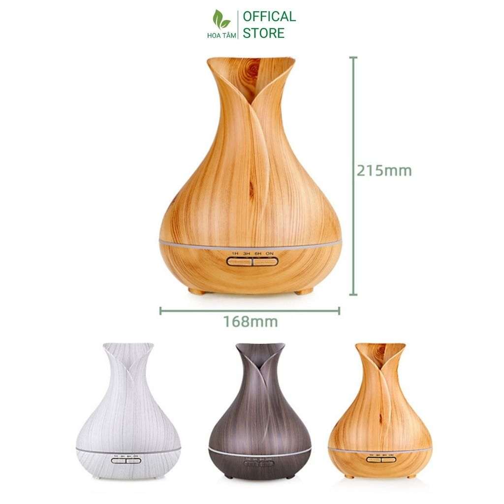 Máy xông tinh dầu phòng ngủ phòng khách, bình hoa vân gỗ , đèn led 7 màu, dung tích 550ml | BH 6 tháng