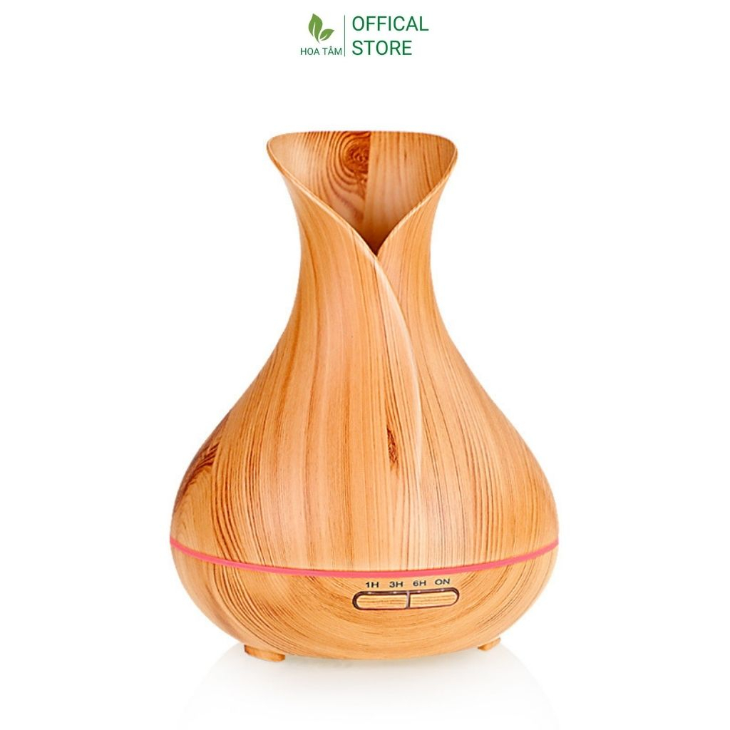 Máy xông tinh dầu phòng ngủ phòng khách, bình hoa vân gỗ , đèn led 7 màu, dung tích 550ml | BH 6 tháng