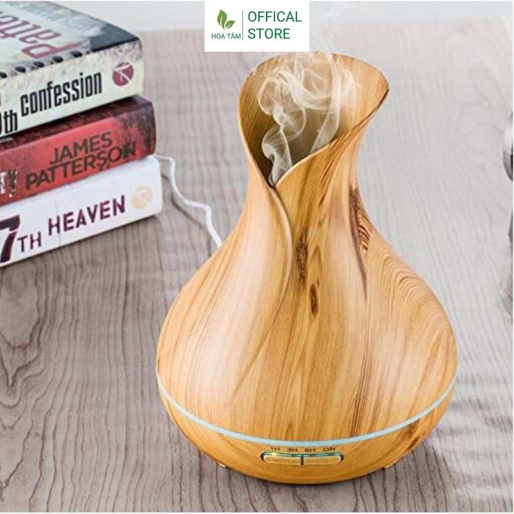 Máy xông tinh dầu phòng ngủ phòng khách, bình hoa vân gỗ , đèn led 7 màu, dung tích 550ml | BH 6 tháng