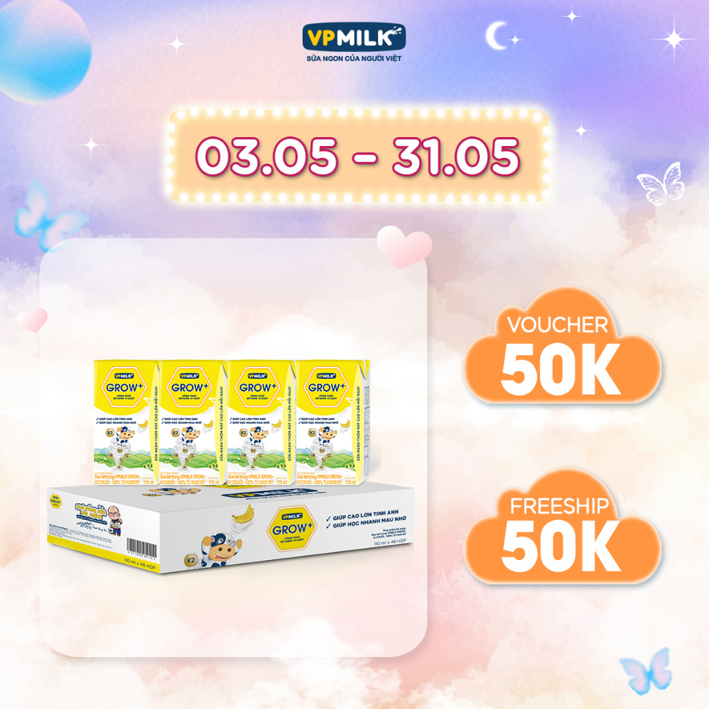 Sữa tiệt trùng VPMilk Grow+ vị dâu/vị chuối 110ml (thùng 48 hộp)