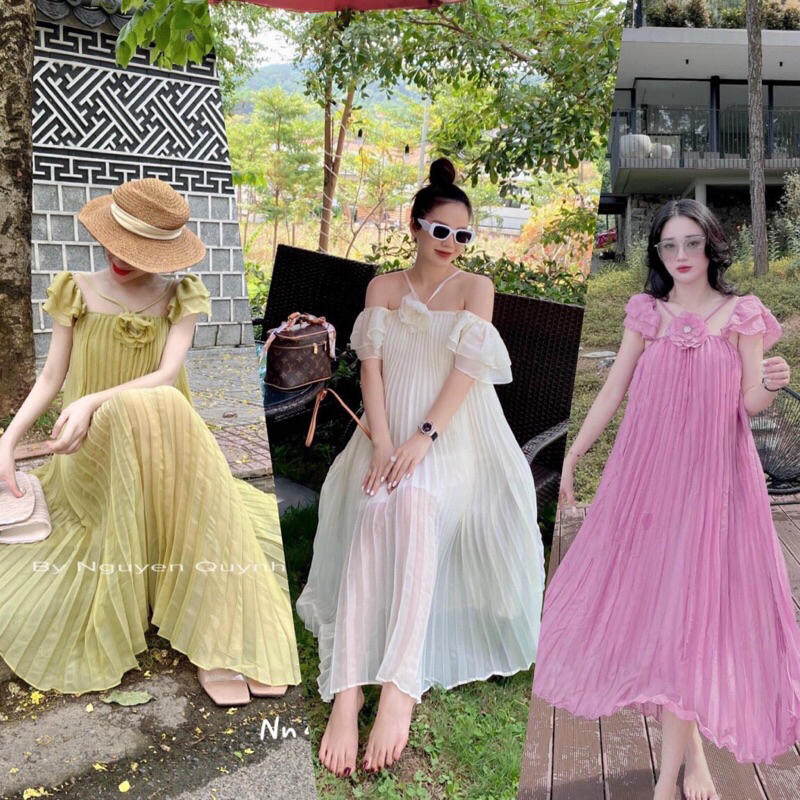 Váy maxi dập li đi biển cổ yếm nơ nữ chất liệu voan tơ cao cấp đi du lịch đi chơi Váy cổ yếm 2 dây dáng suông