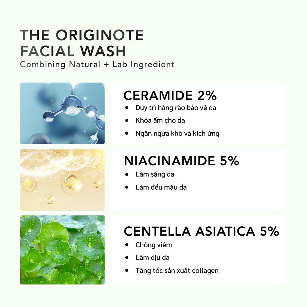 Sữa rửa mặt sáng da The Originote Cicamide Facial Cleanser với Ceramide Niacinamide và chiết xuất rau má 70gr 7621