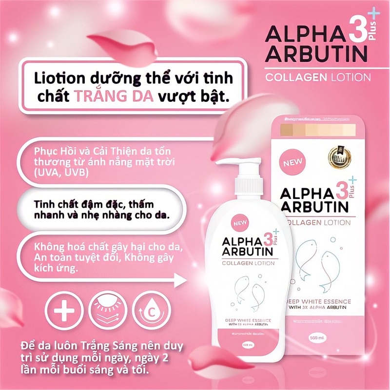 [NỘI ĐỊA THÁI] Sữa Dưỡng Thể Trắng Da Alpha Arbutin Collagen Lotion 3+ Plus Thái Lan Dưỡng Trắng Mềm Mại Có Mã QR 500ml
