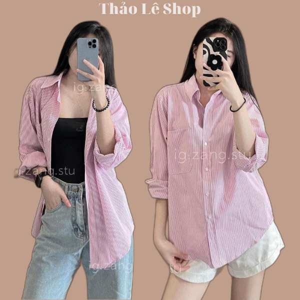 Áo sơ mi dài tay nữ kẻ hồng phom rộng chất mát - Hl