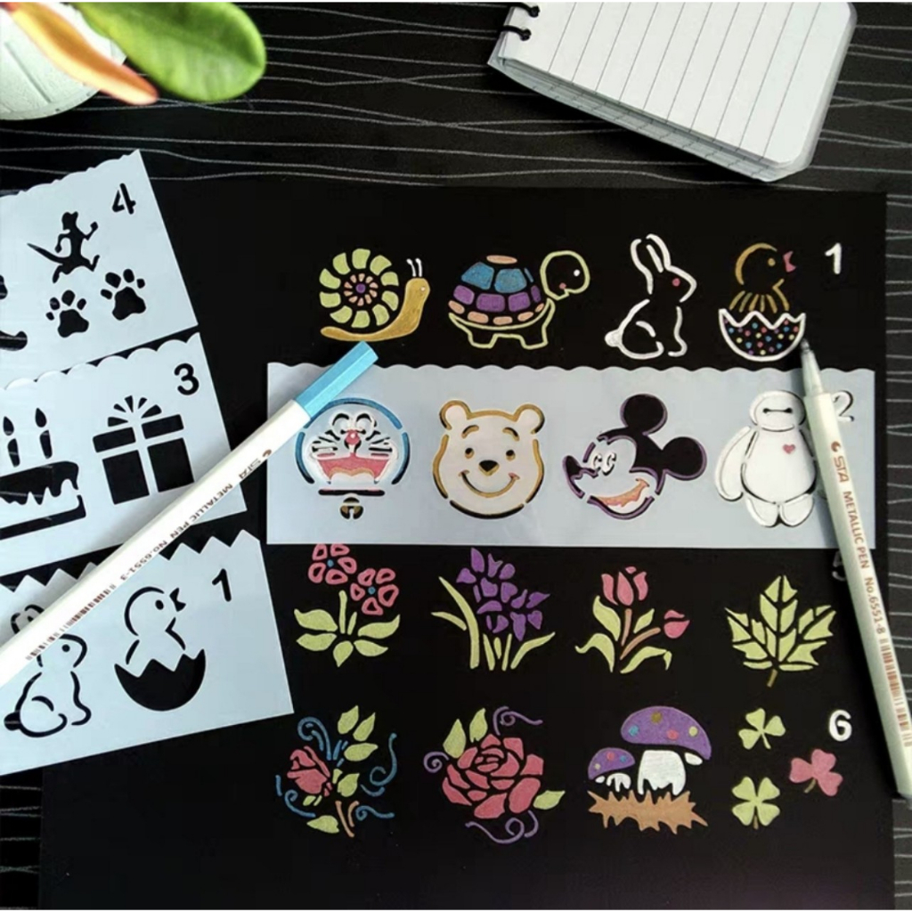 Set 8 Thước Vẽ Hình Trang Trí , khuôn rỗng tập vẽ, thước rỗng vẽ trang trang trí