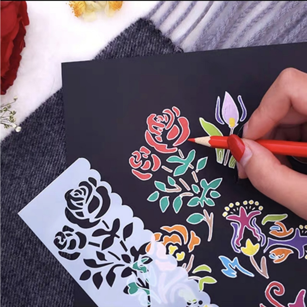 Set 8 Thước Vẽ Hình Trang Trí , khuôn rỗng tập vẽ, thước rỗng vẽ trang trang trí
