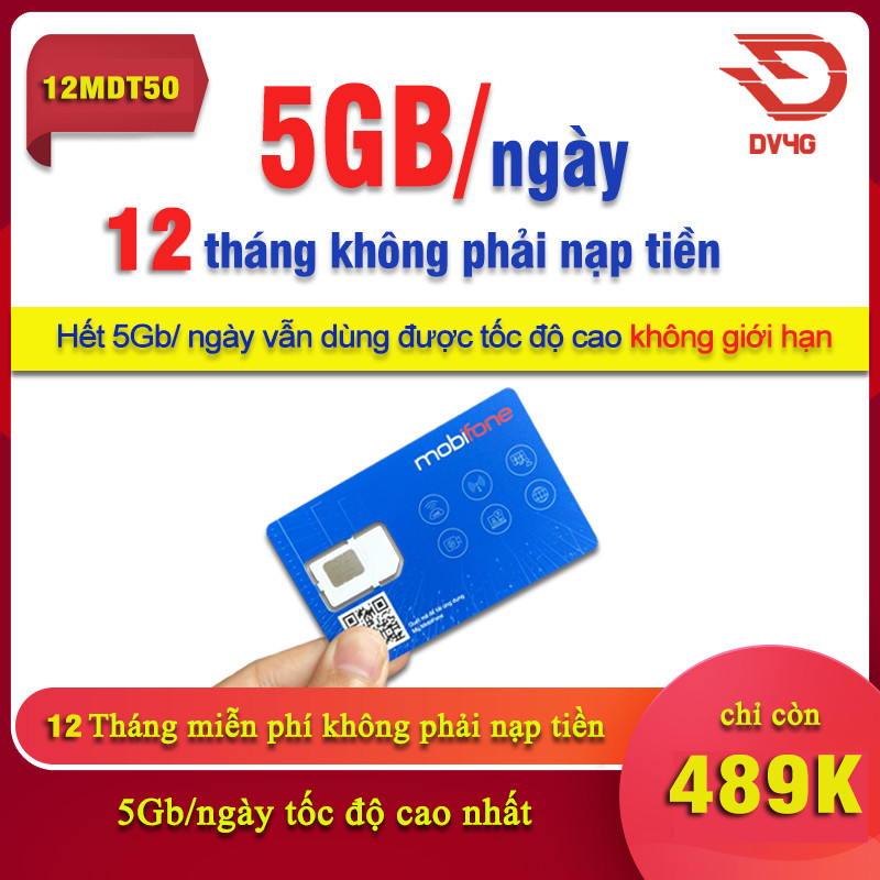 Sim 4G Mobifone 21G12, MDT50, MDT15 5GB/Ngày 150GB/tháng 500Gb/ tháng – 14 tháng Không Cần Nạp Tiền