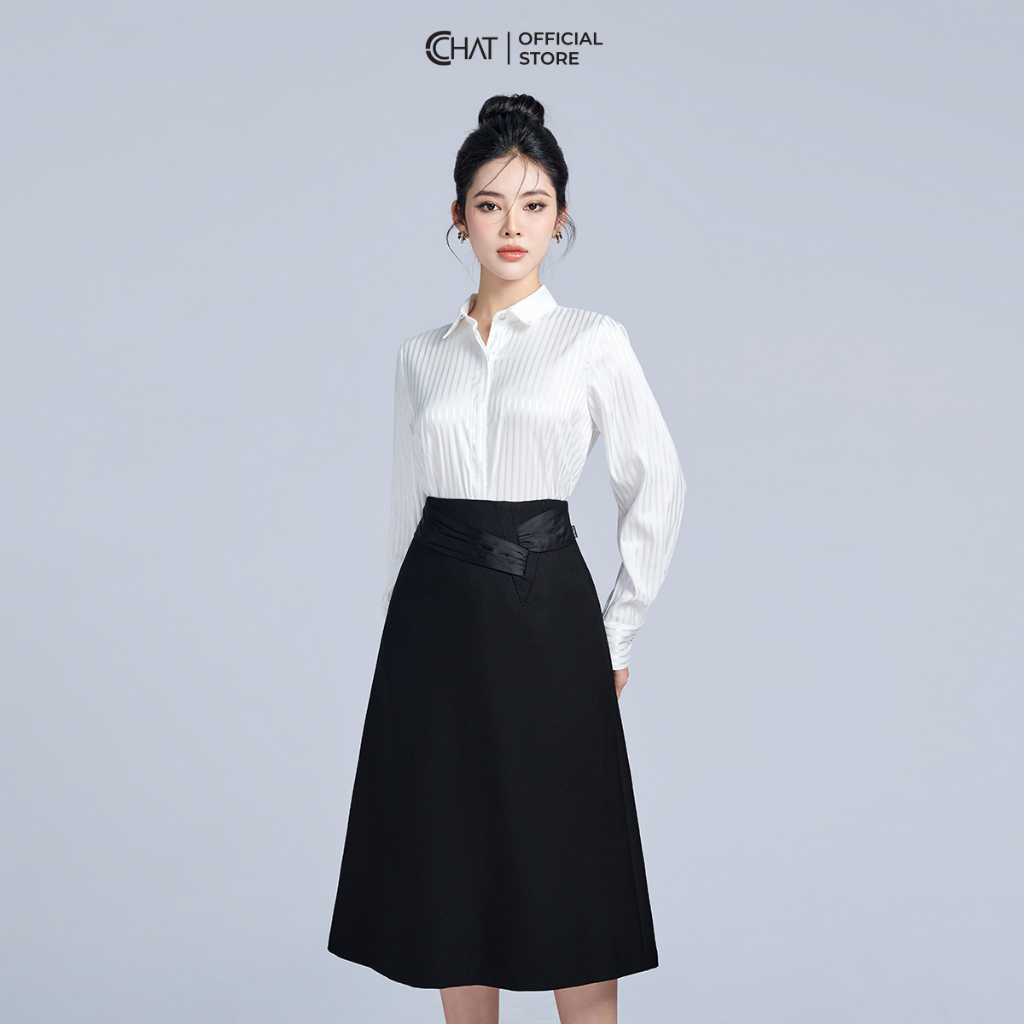 Chân Váy 𝐂𝐂𝐇𝐀𝐓 Dáng A Bổ V Nhún Thân Trước Cạp Kiểu Chất Tuytsi Cao Cấp 53CDS8002AT