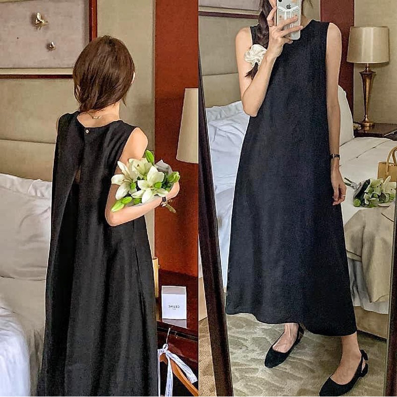Váy linen suông, váy cổ tròn basic nhà Kiths'Store