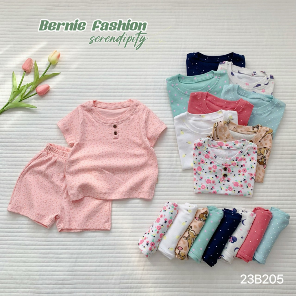 Bộ bozip cộc tay bé gái, bộ cotton bé gái hoạ tiết mềm mát Bernie