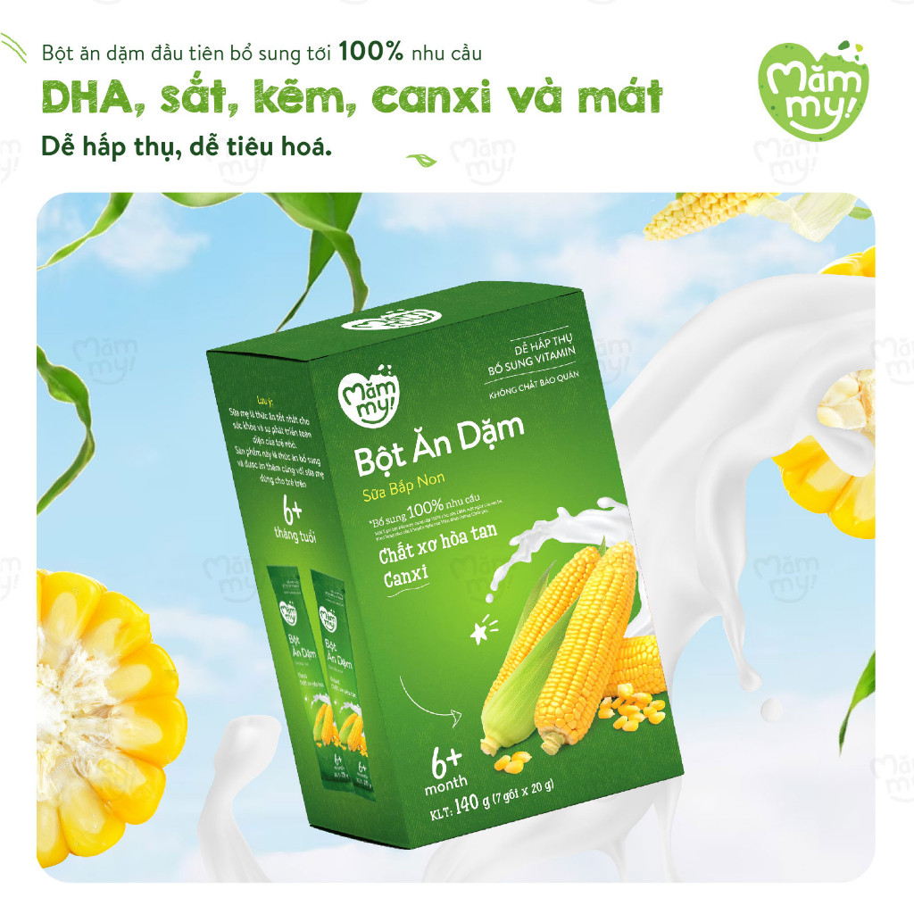 Bột ăn dặm sữa bắp non Mămmy cung cấp chất xơ hòa tan và Canxi bổ sung vitamin cho bé - 140gr