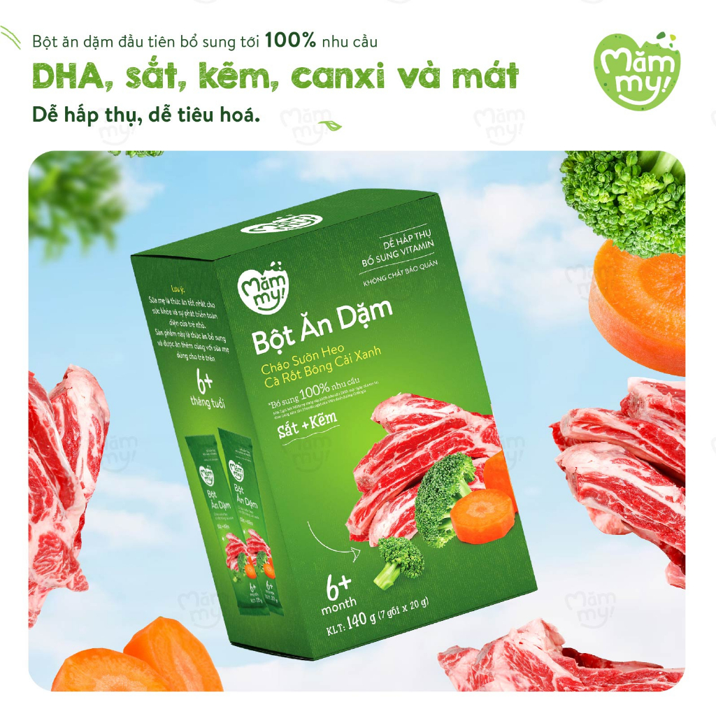 Bột ăn dặm vị cháo sườn heo cà rốt bông cải xanh Mămmy bổ sung sắt và kẽm đáp ứng 100% nhu cầu DHA cho bé - 140gr