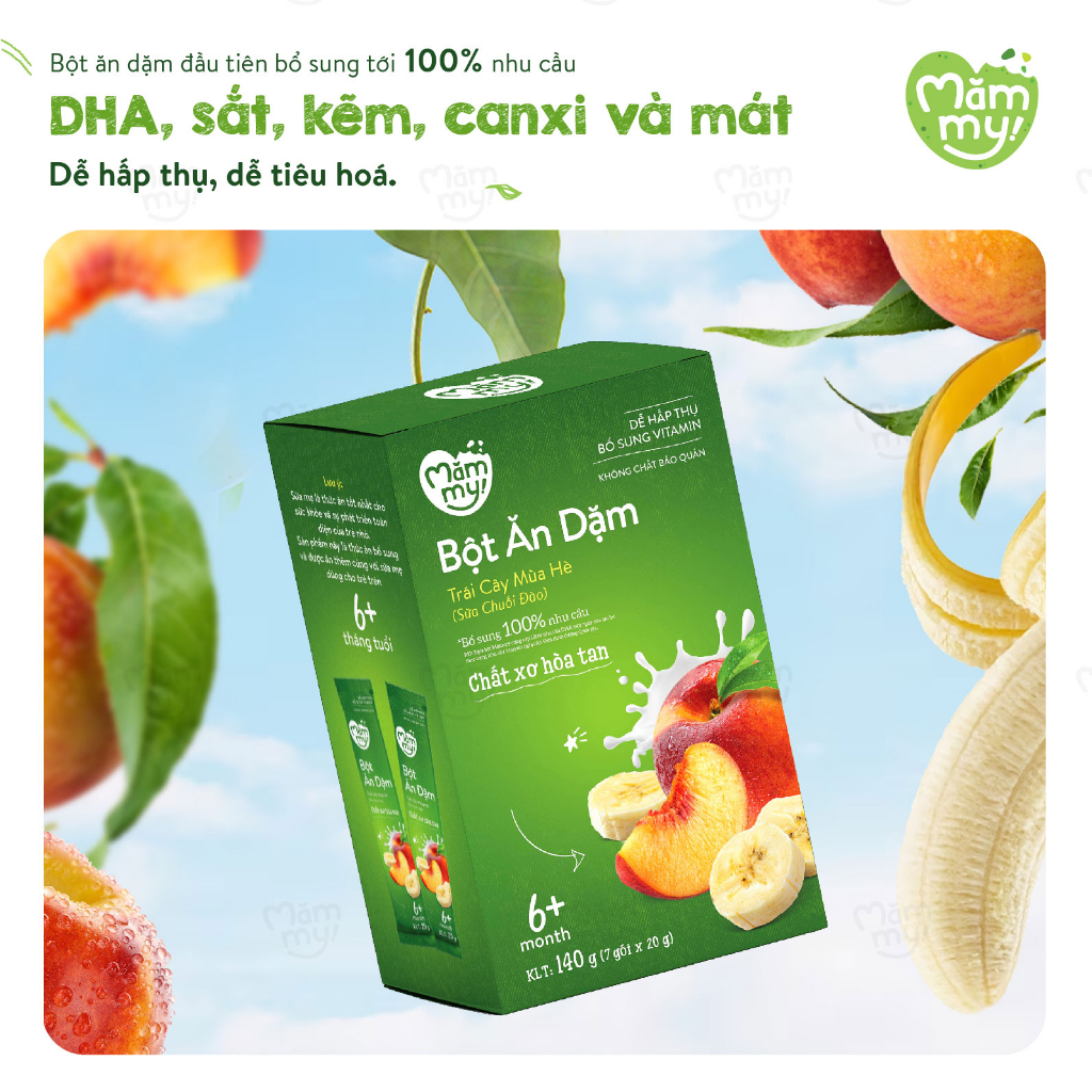 Bột ăn dặm trái cây mùa hè Mămmy kết hợp giữa sữa, chuối và đào bổ sung vitamin cho bé yêu - 140gr