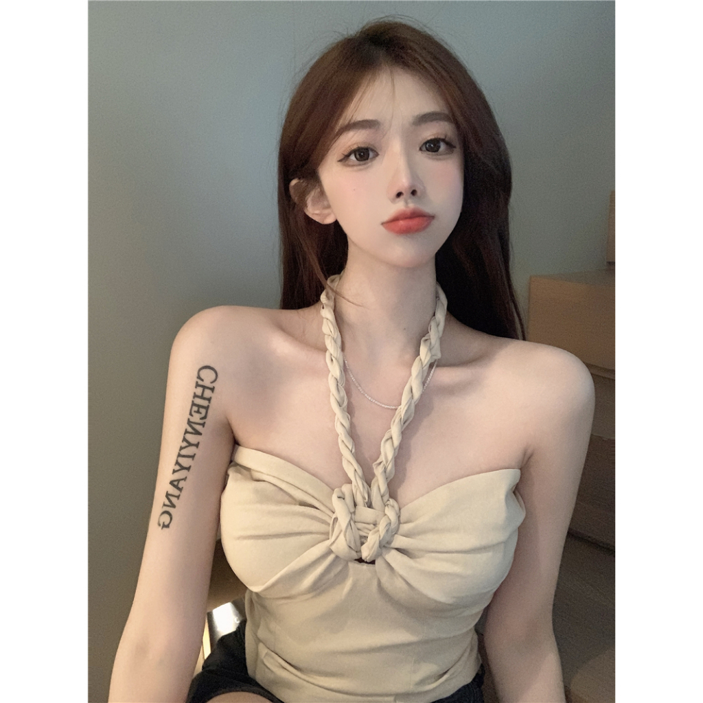 Áo dây đan cổ yếm cúp ngực ôm body màu hồng & kem sexy siêu xinh tôn dáng (chat để check hàng)