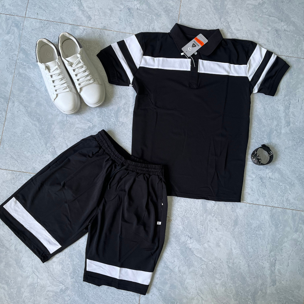 Bộ Quần Áo Thể Thao Nam Tay Ngắn Quần Short Phối Sọc Ngang Lớn Chất Vải Thun Cotton Thoáng Mát Thấm Hút Mồ Hôi BTTNSNL