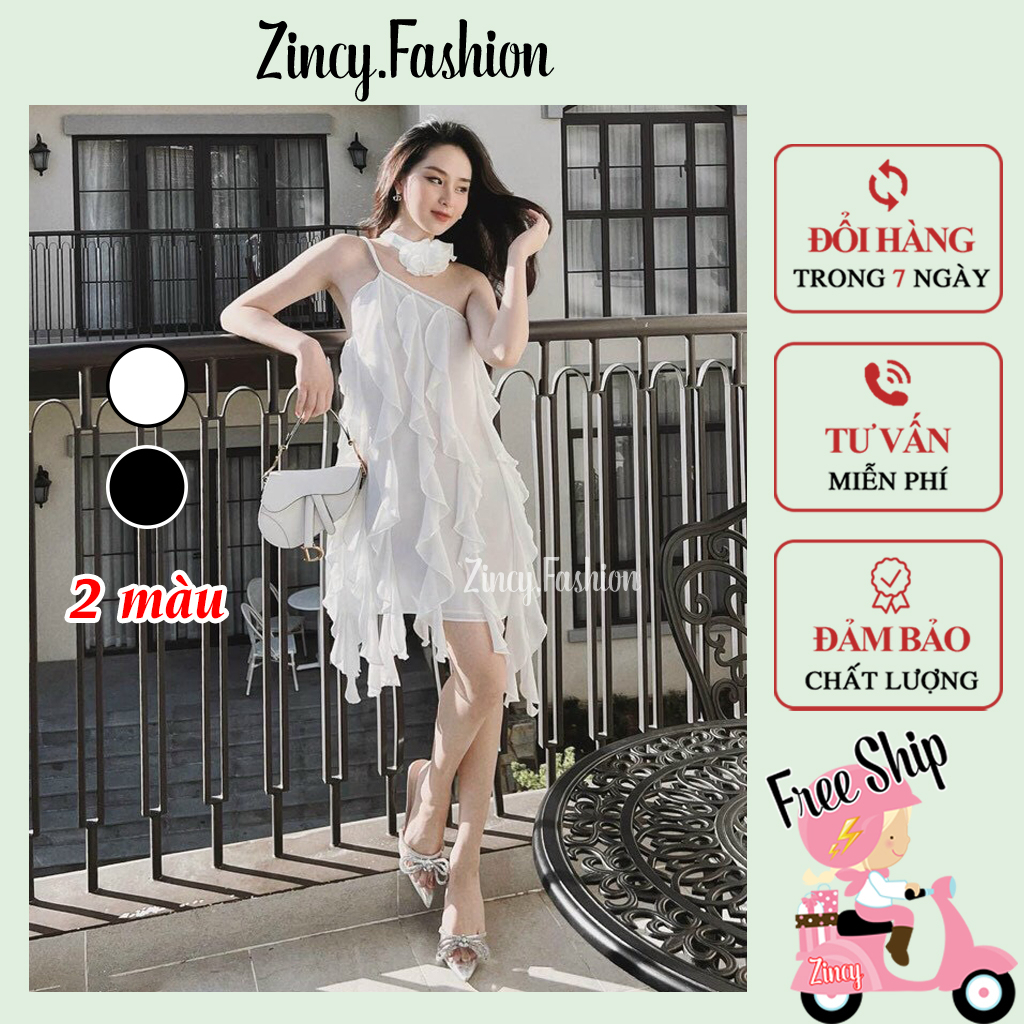 Đầm dây dự tiệc lệch vai tua rua dự kèm dây hoa chooker, Váy dây yếm đi biển xòe dáng ngắn sexy CKERTRU03