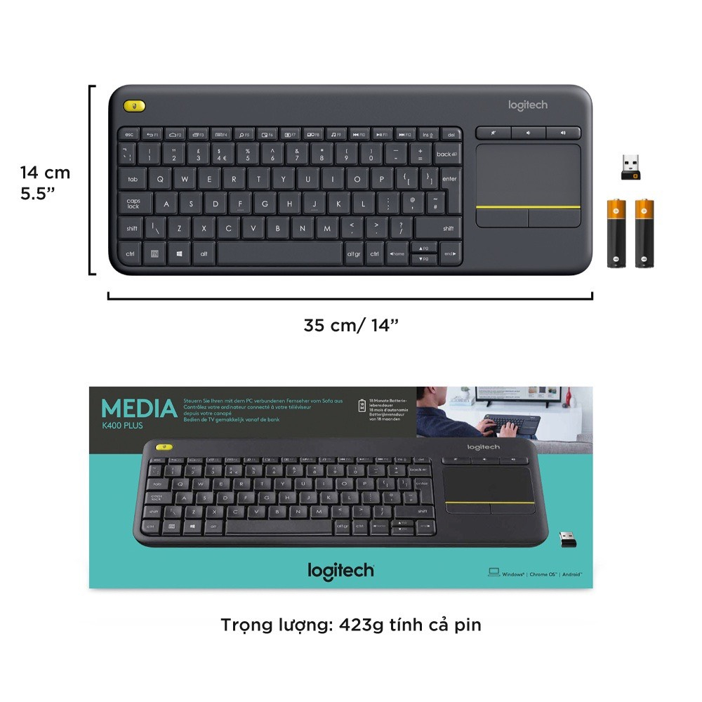 Bàn phím không dây Logitech K400 Plus, có touchpad để kết nối PC - TV, Laptop/Tablets