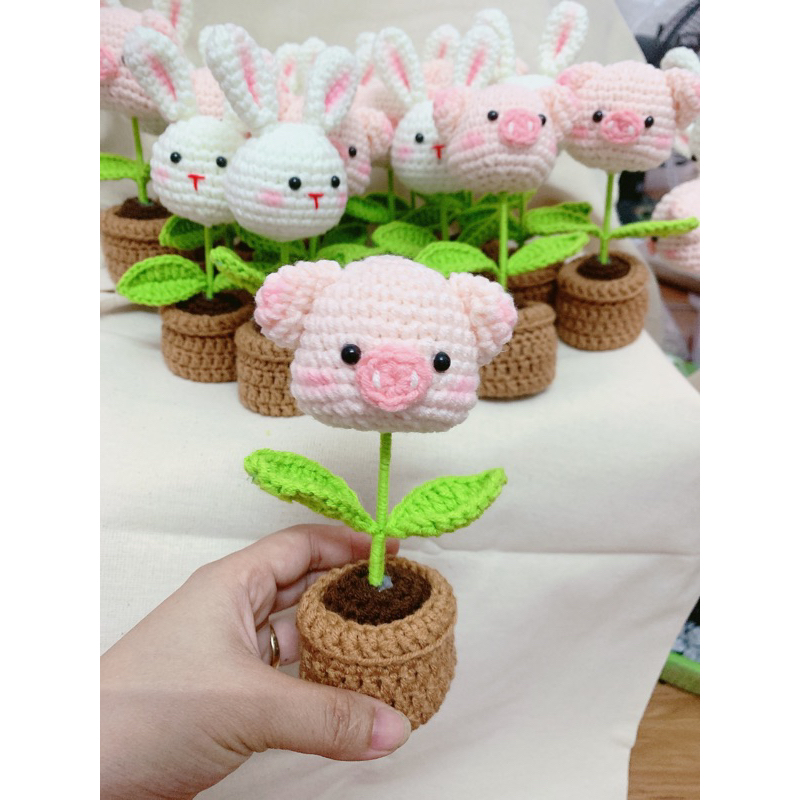 Chậu hoa len handmade mini hình đầu thú
