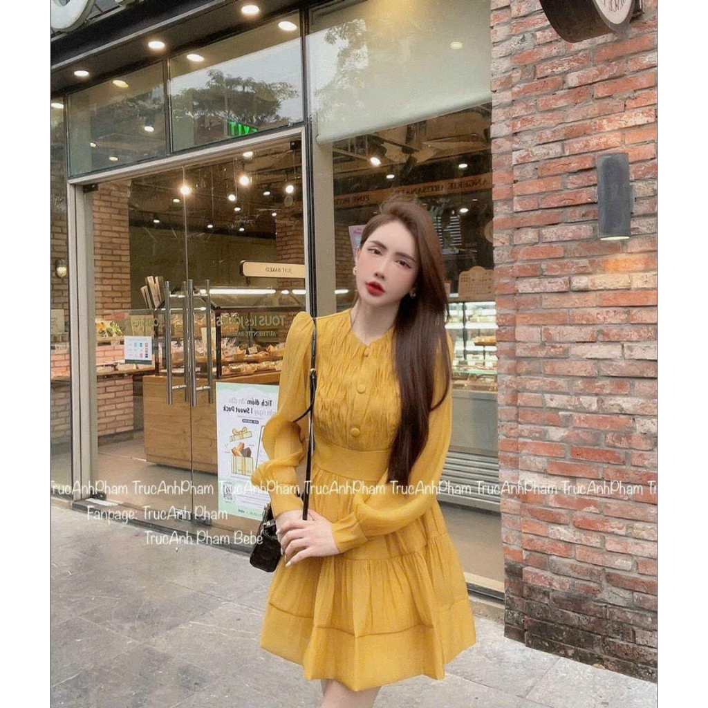 Đầm babydoll xòe nút bọc dài tay