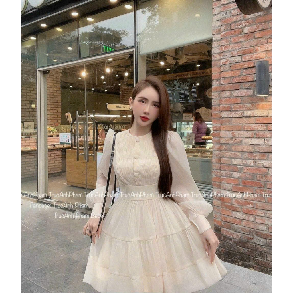 Đầm babydoll xòe nút bọc dài tay