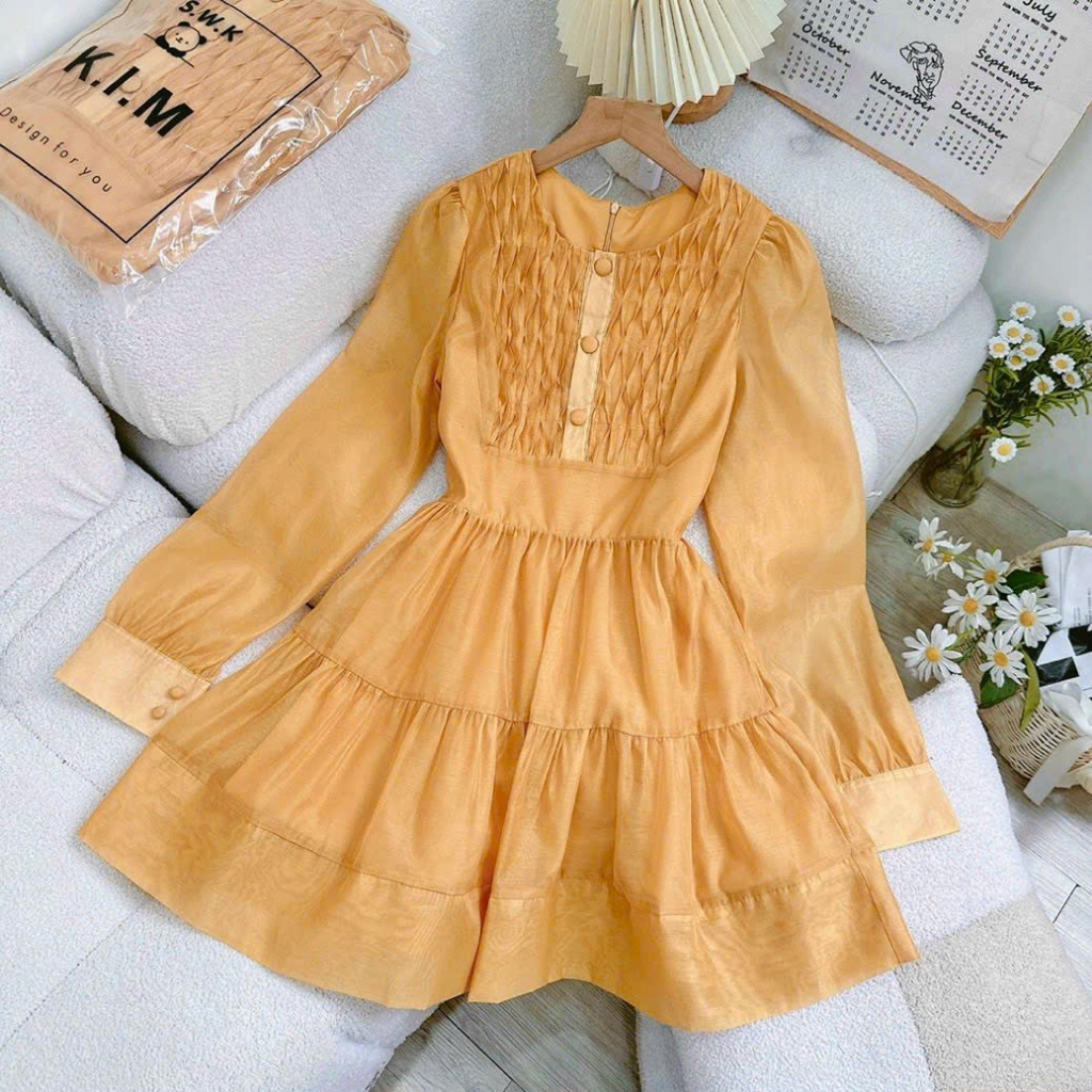 Đầm babydoll xòe nút bọc dài tay