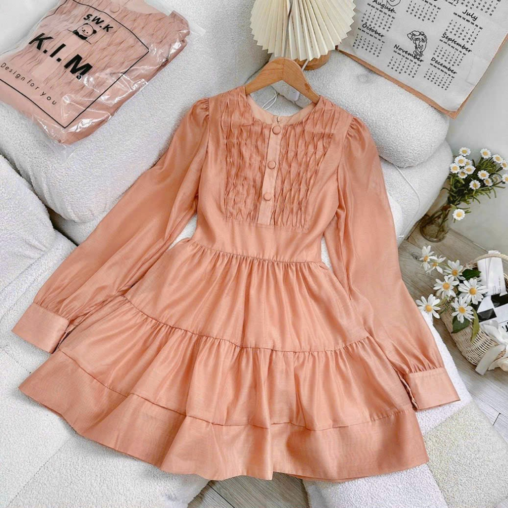 Đầm babydoll xòe nút bọc dài tay