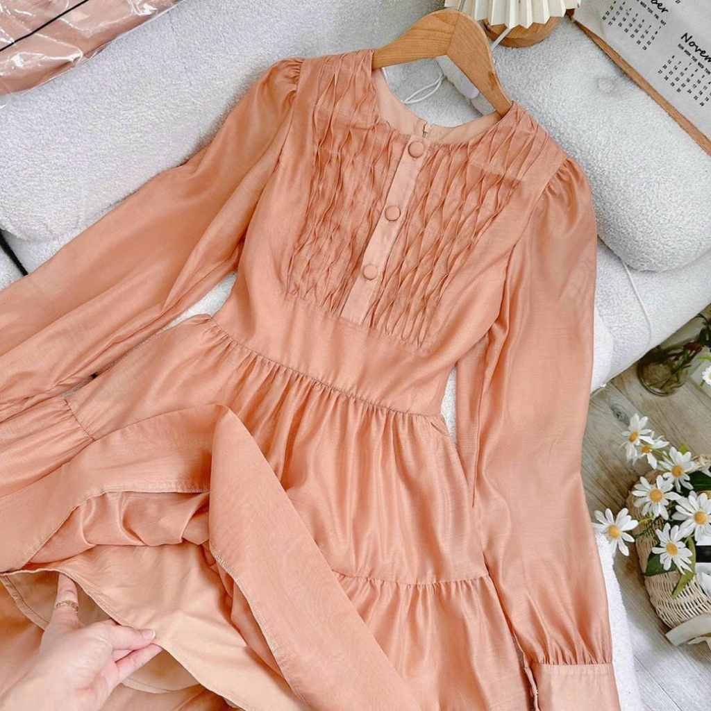 Đầm babydoll xòe nút bọc dài tay