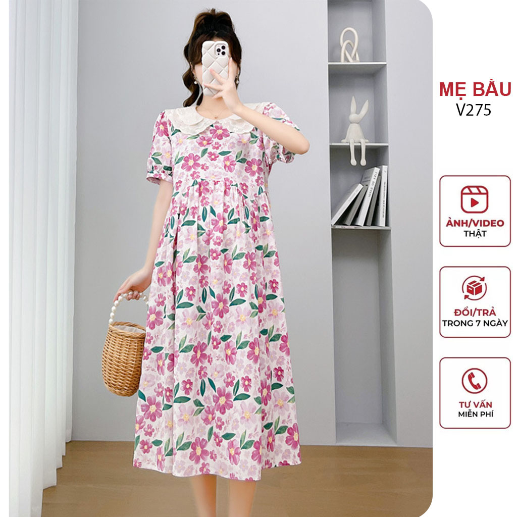 ĐẦM VÁY BẦU MÙA HÈ CỔ SƠ MI PHỐI HOA CỰC XINH - VÁY CÔNG SỞ CHẤT MỀM ĐẸP - ĐẦM BẦU BABYDOLL FREESIZE