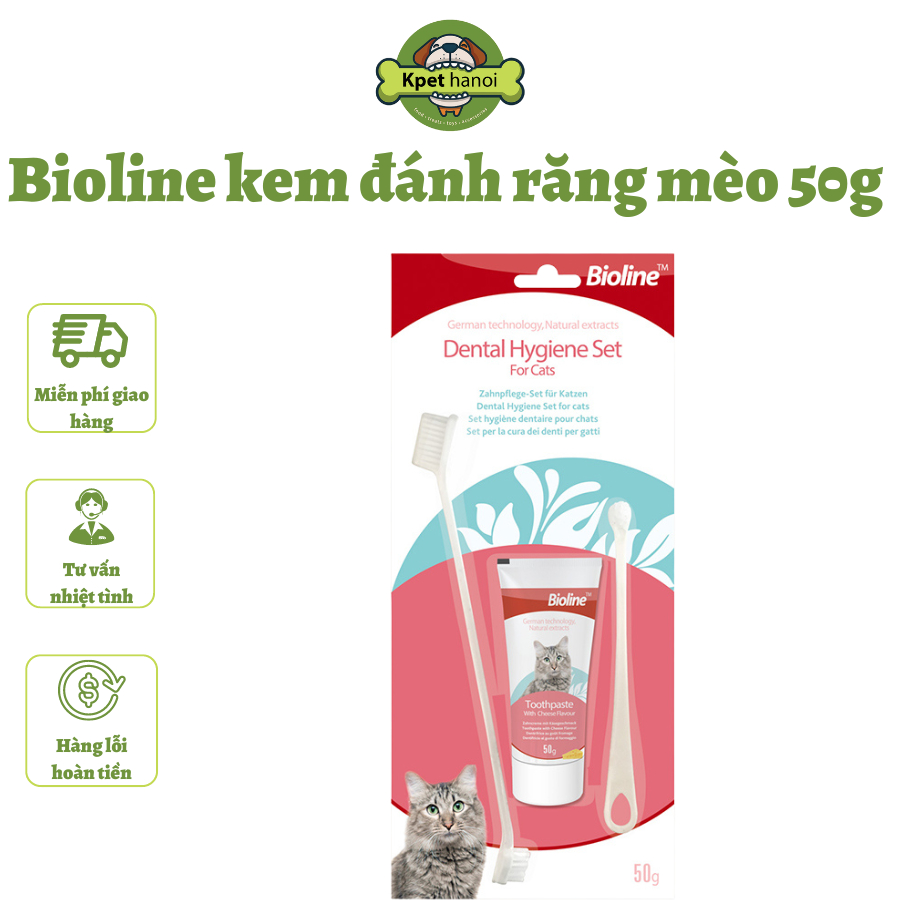 Kem Đánh Răng Cho Mèo Bioline 50g – Vị Phô Mai - Kèm Bàn Chải/ Bộ Vệ Sinh Răng Miệng Cho Mèo Giảm Mùi Hôi Miệng