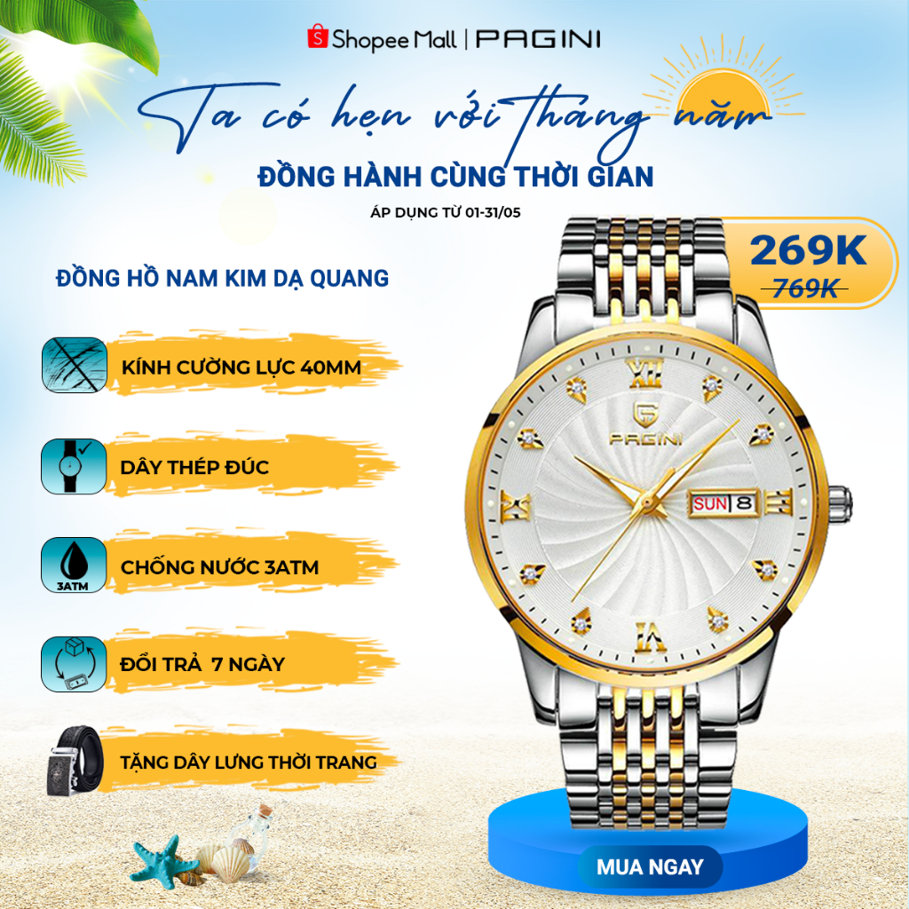 Đồng Hồ Nam Pagini PA5588 kim dạ quang, dây thép cao cấp mặt kính đính đá tinh tế sang trọng.