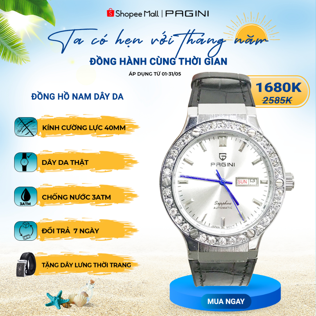 Đồng Hồ Nam Dây Da Pagini PA1852, mặt tròn đính đá sang trọng quý phái Full Box