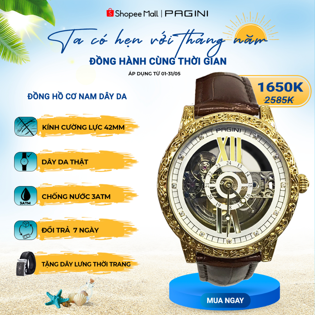Đồng Hồ Cơ Nam máy tự động Pagini PA1851 mặt thiết kế lộ máy đẳng cấp hiện đại, sang trọng Full Box