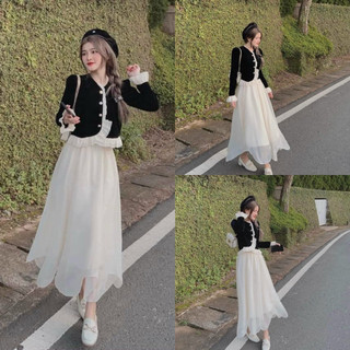 Set bộ nữ đẹp đầm dự tiệc cotton lạnh phối voan lụa cổ tròn tay dài đính nút bèo voan dáng váy tam giác mút T264 - Yado