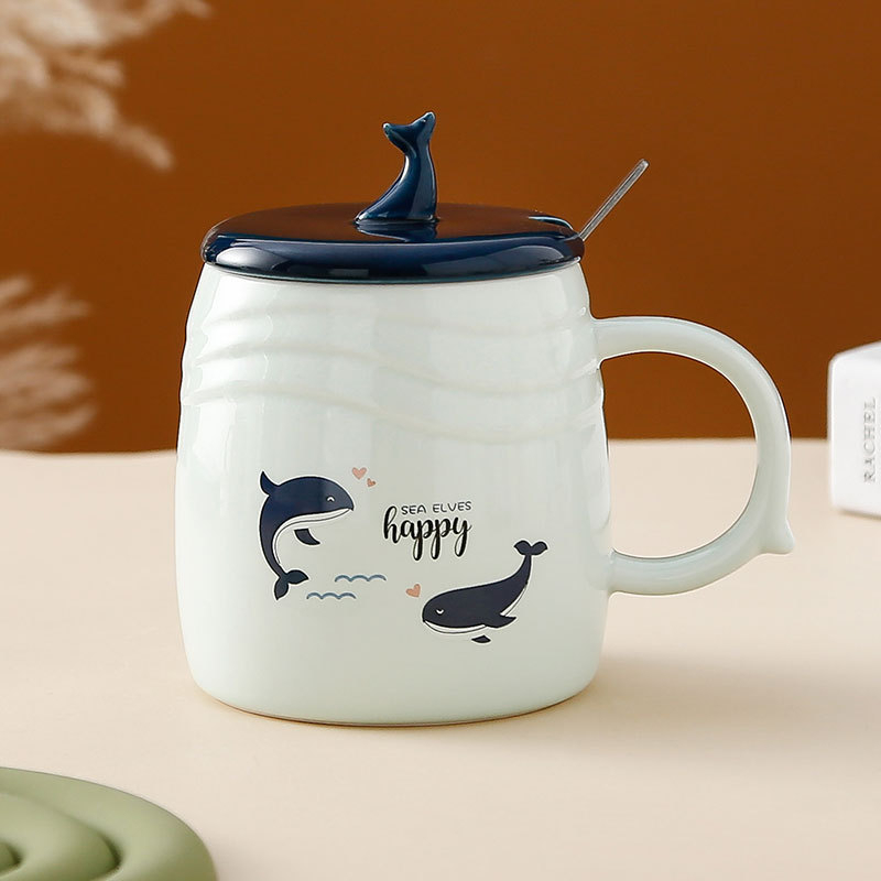 Ly sứ CÁ VOI XANH CÓ NẮP giữ nhiệt và THÌA , 470ml dùng làm quà tặng , uống nước