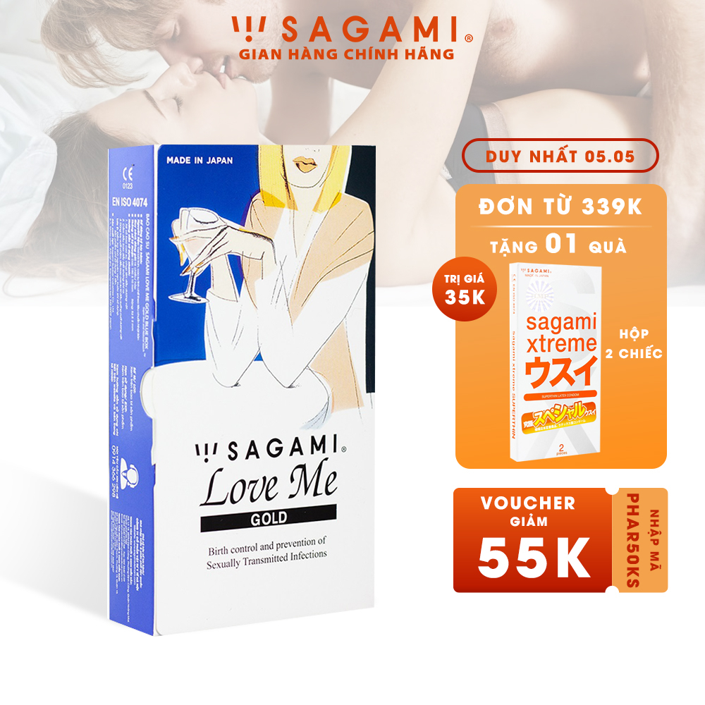 Bao cao su siêu mỏng cao cấp Sagami Love Me Gold Hộp 10 - siêu mỏng, co giãn tốt, chống tuột cao cấp Nhật Bản