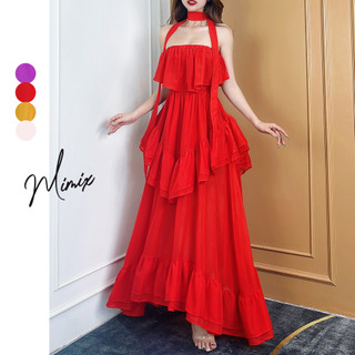 Đầm maxi trơn nữ bèo tầng voan tơ sóng mimix cr7250